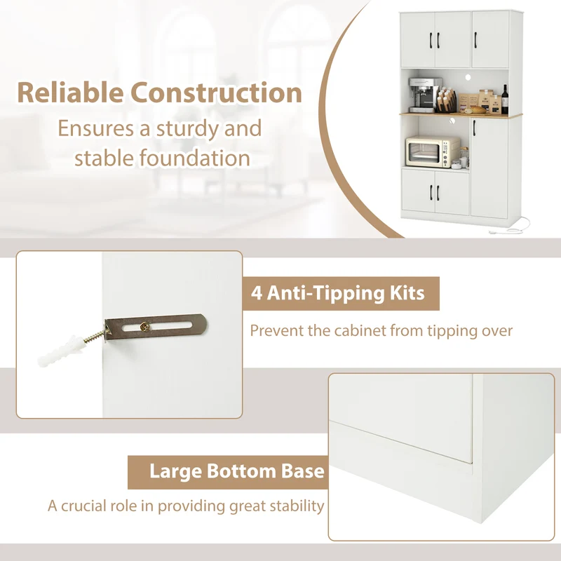 71" Tall Kitchen Pantry Cabinet with Charging Station Wooden Buffet Cupboard Sideboard, White