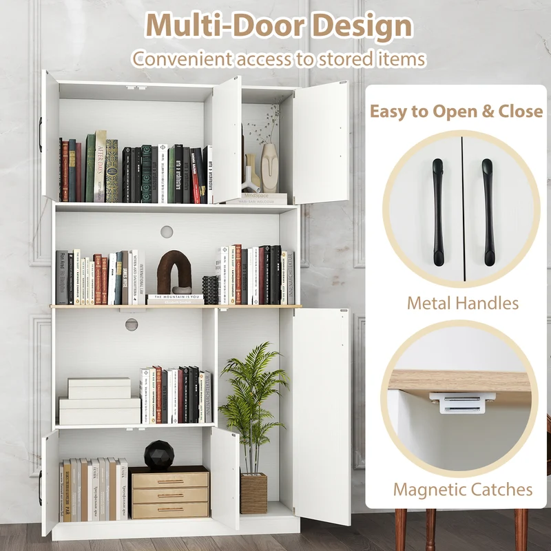 71" Tall Kitchen Pantry Cabinet with Charging Station Wooden Buffet Cupboard Sideboard, White