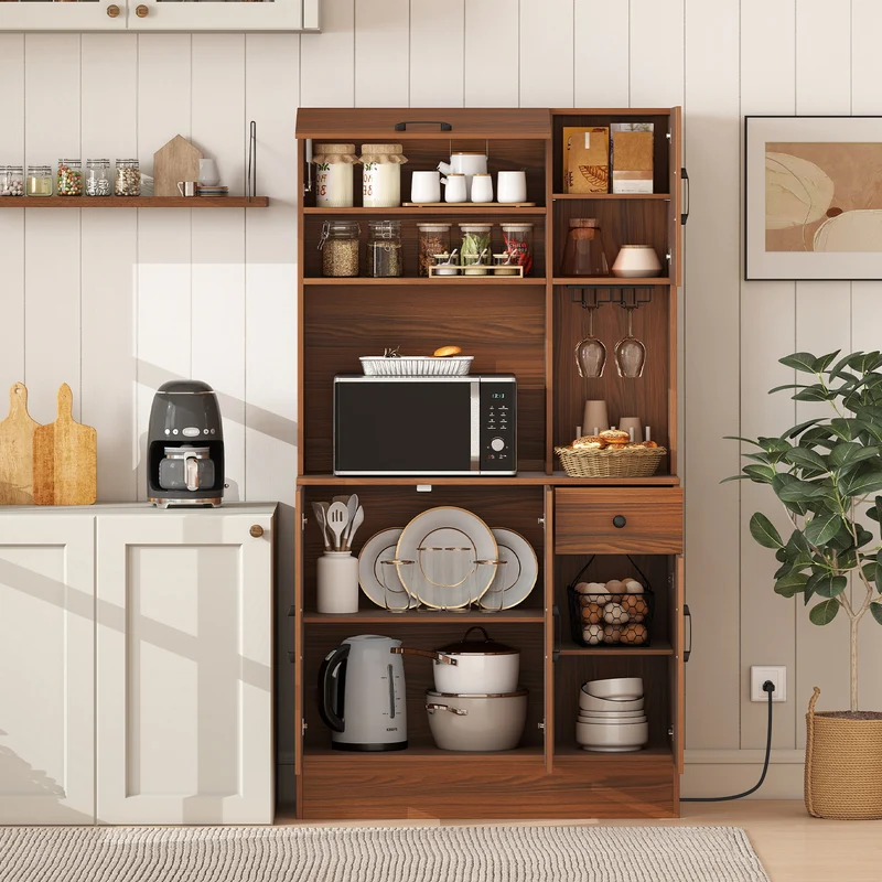 66 inch Pantry Cabinet with Charging Station and Microwave Stand, Brown