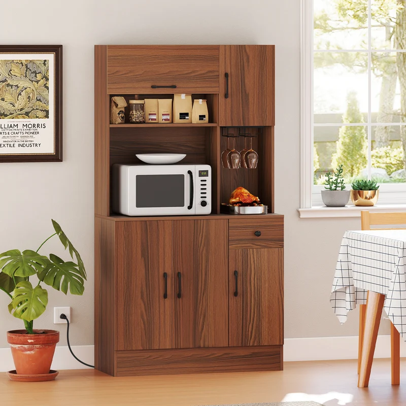 66 inch Pantry Cabinet with Charging Station and Microwave Stand, Brown