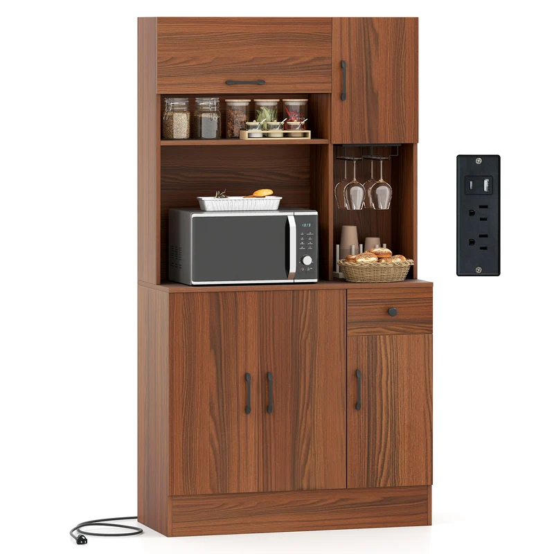 66 inch Pantry Cabinet with Charging Station and Microwave Stand, Brown