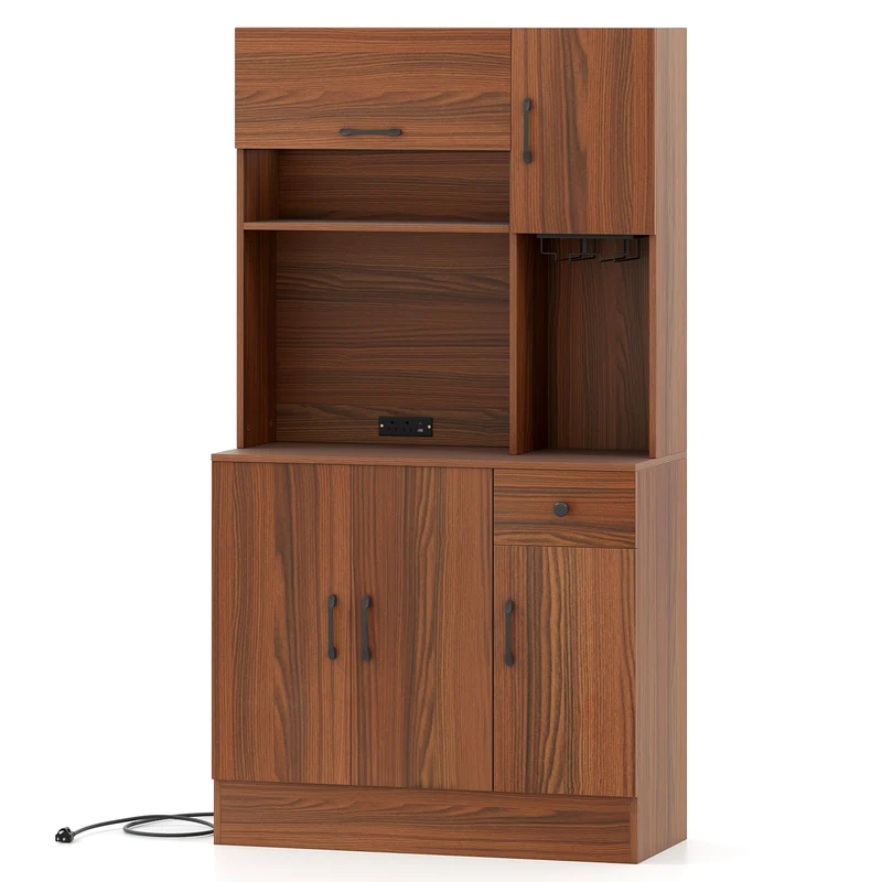 66 inch Pantry Cabinet with Charging Station and Microwave Stand, Brown