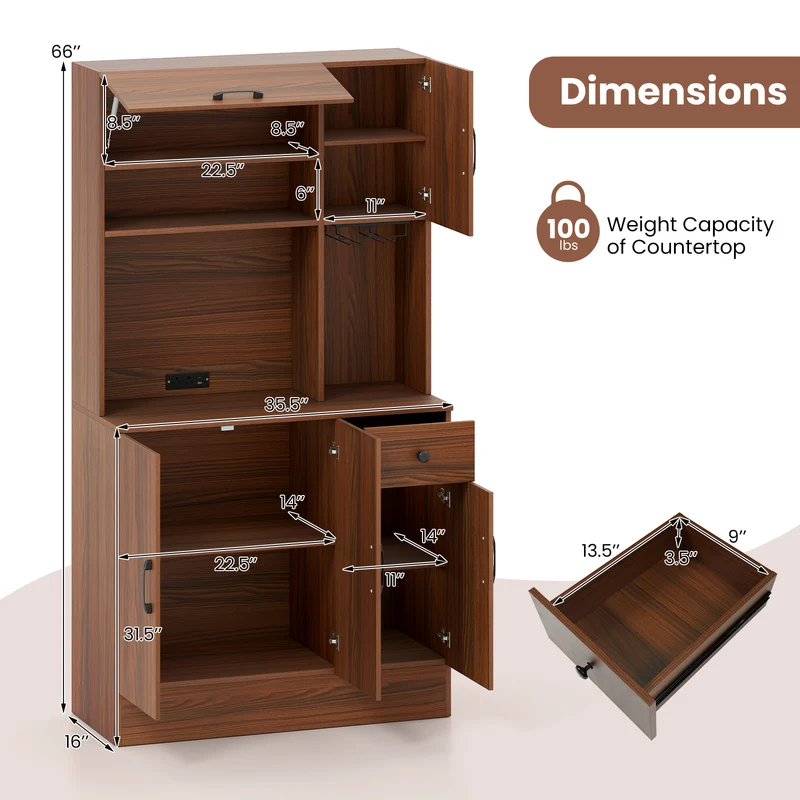 66 inch Pantry Cabinet with Charging Station and Microwave Stand, Brown