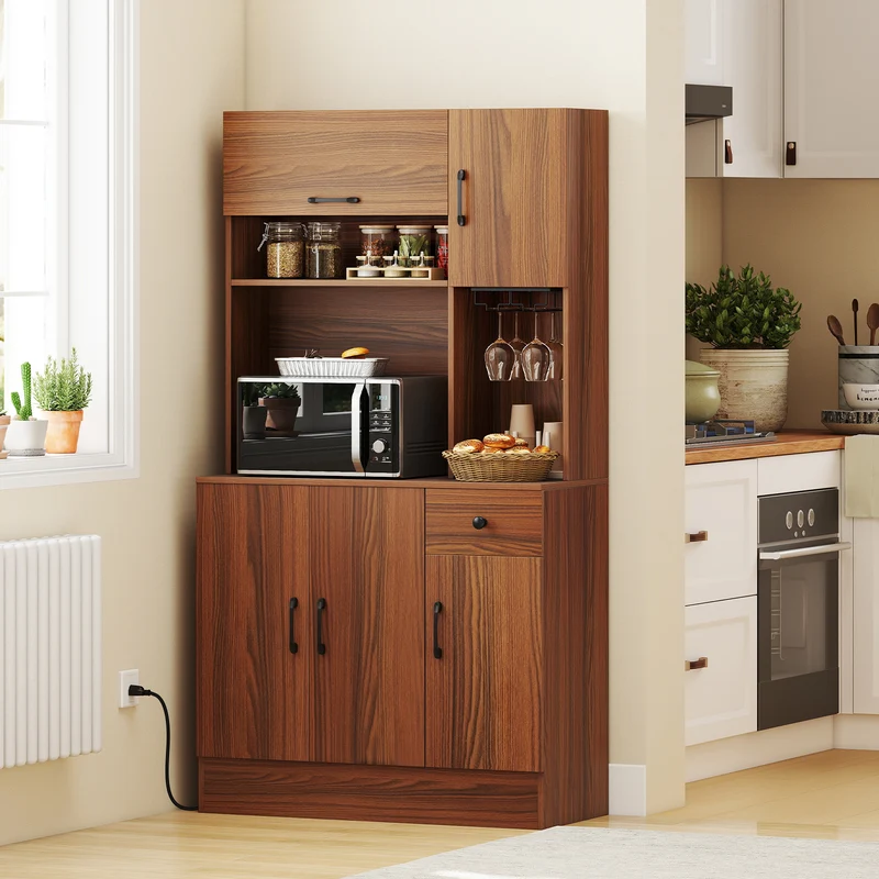 66 inch Pantry Cabinet with Charging Station and Microwave Stand, Brown