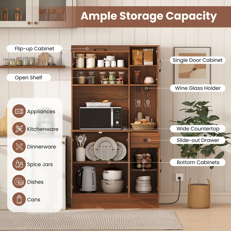 66 inch Pantry Cabinet with Charging Station and Microwave Stand, Brown