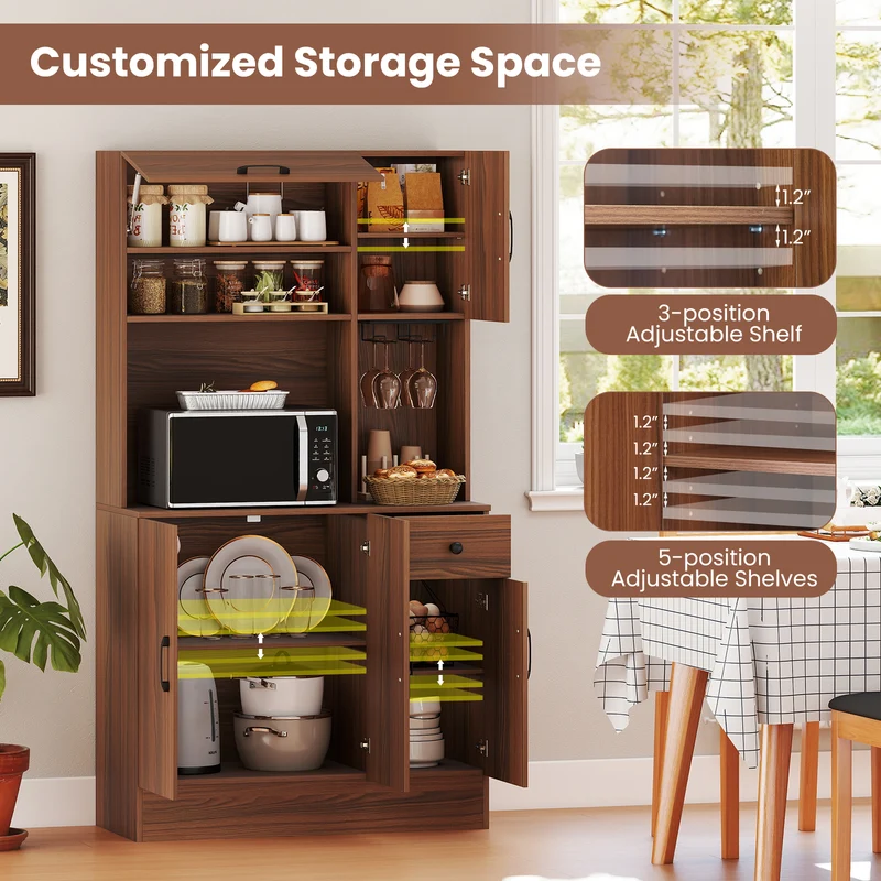 66 inch Pantry Cabinet with Charging Station and Microwave Stand, Brown