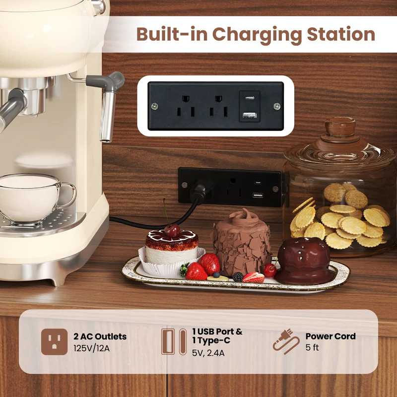 66 inch Pantry Cabinet with Charging Station and Microwave Stand, Brown
