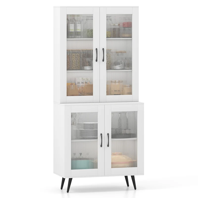 70.5 inch Tall Kitchen Pantry Cabinet Cupboard with 4 Transparent Doors, White