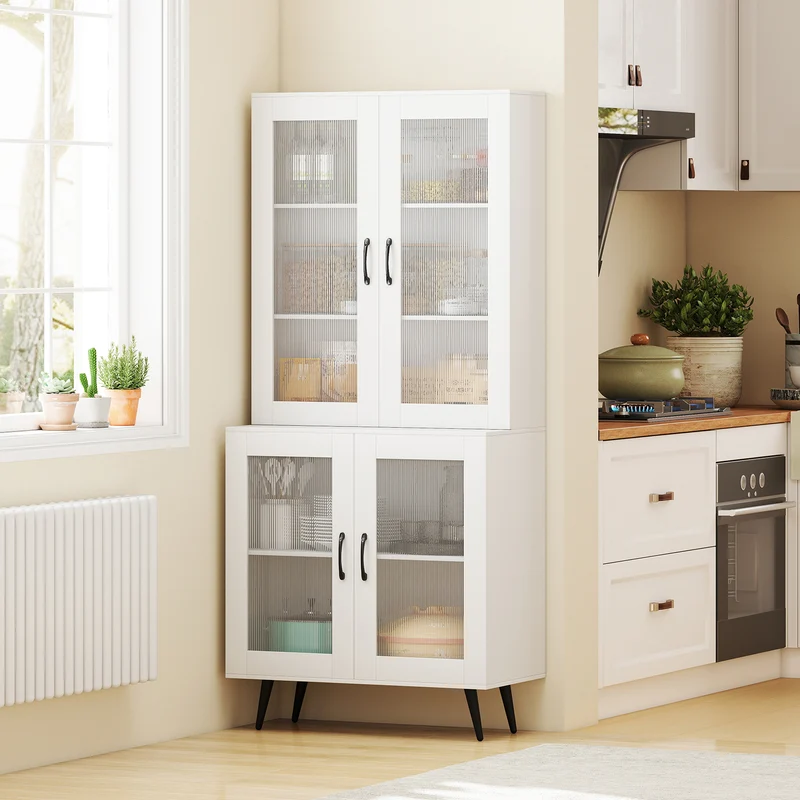 70.5 inch Tall Kitchen Pantry Cabinet Cupboard with 4 Transparent Doors, White