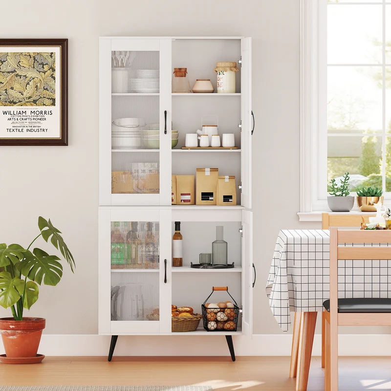 70.5 inch Tall Kitchen Pantry Cabinet Cupboard with 4 Transparent Doors, White