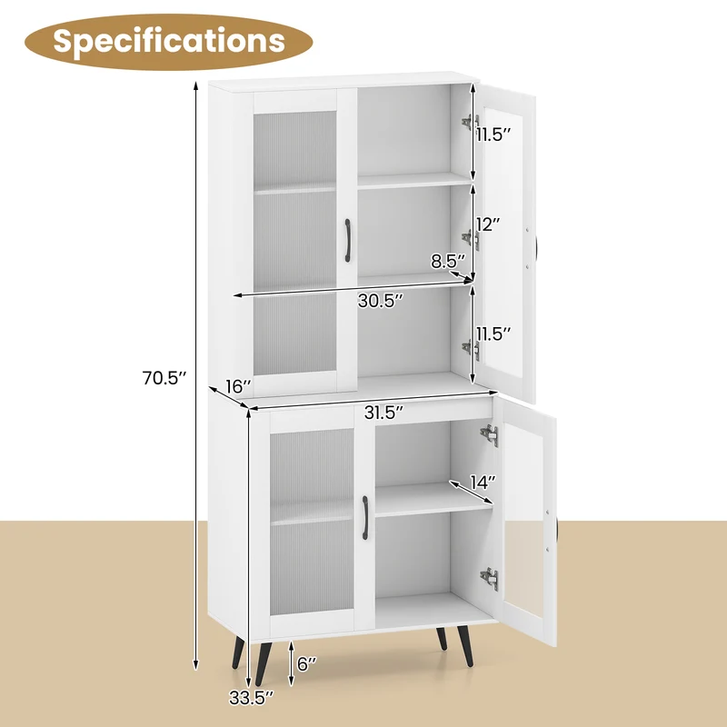 70.5 inch Tall Kitchen Pantry Cabinet Cupboard with 4 Transparent Doors, White