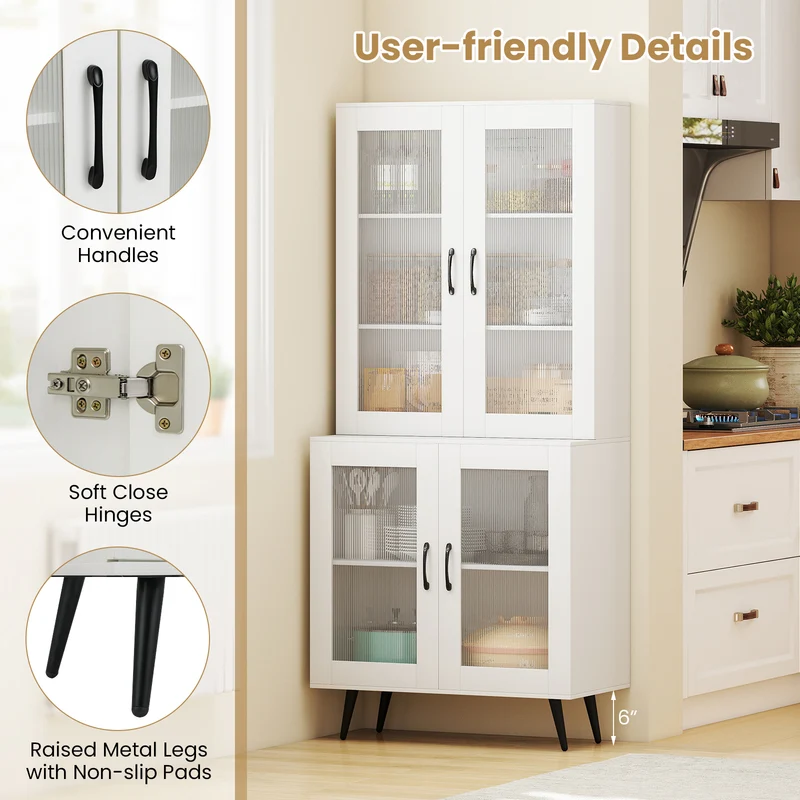 70.5 inch Tall Kitchen Pantry Cabinet Cupboard with 4 Transparent Doors, White