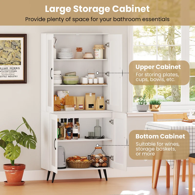 70.5 inch Tall Kitchen Pantry Cabinet Cupboard with 4 Transparent Doors, White