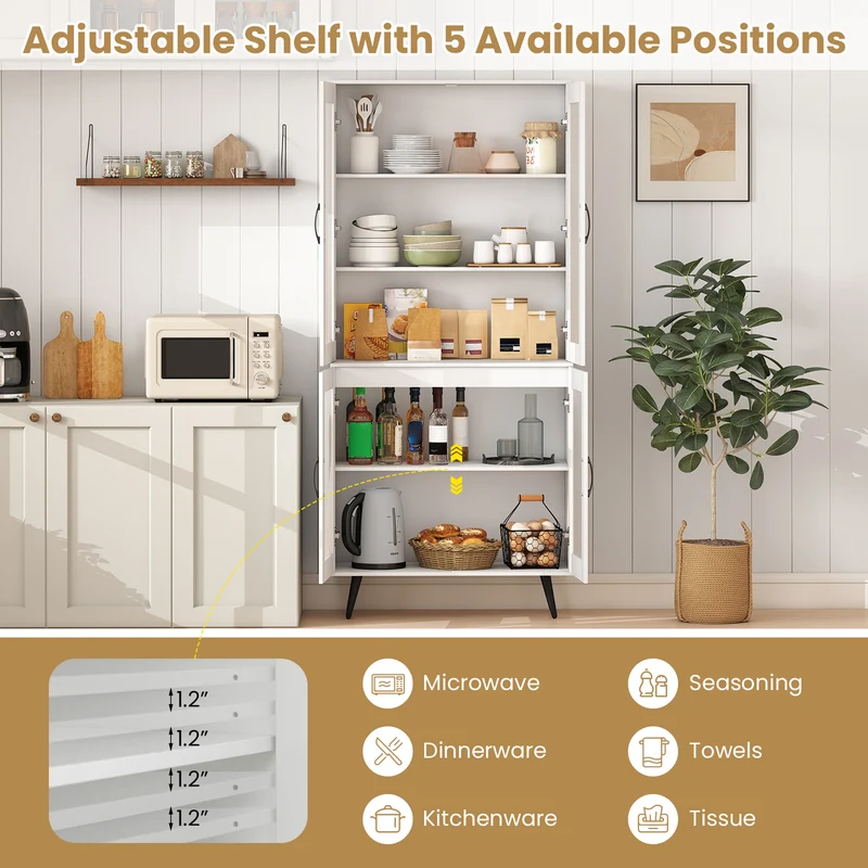 70.5 inch Tall Kitchen Pantry Cabinet Cupboard with 4 Transparent Doors, White