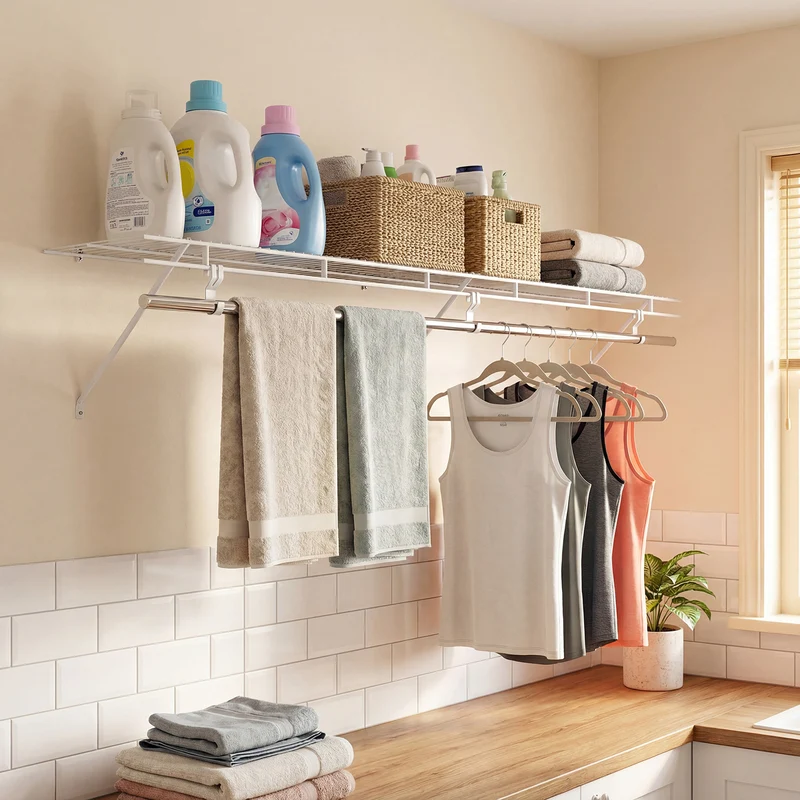Closet Shelves Wall Mounted with Hanging Rod for Laundry Room