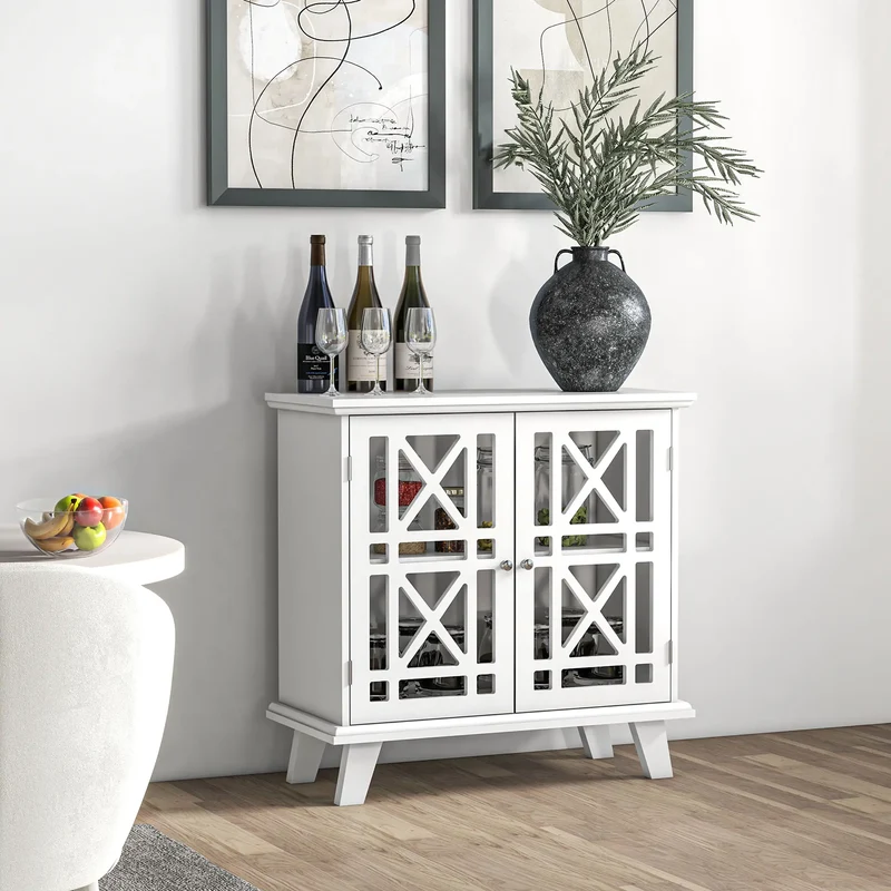 Modern Storage Cabinet with Fretwork Doors, Shelf, White