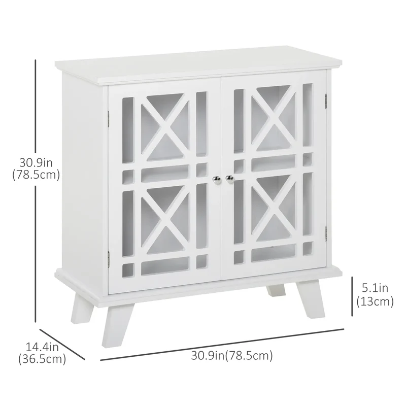 Modern Storage Cabinet with Fretwork Doors, Shelf, White