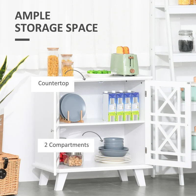Modern Storage Cabinet with Fretwork Doors, Shelf, White