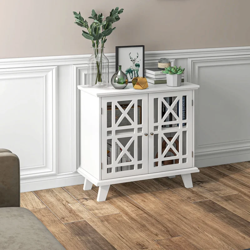 Modern Storage Cabinet with Fretwork Doors, Shelf, White