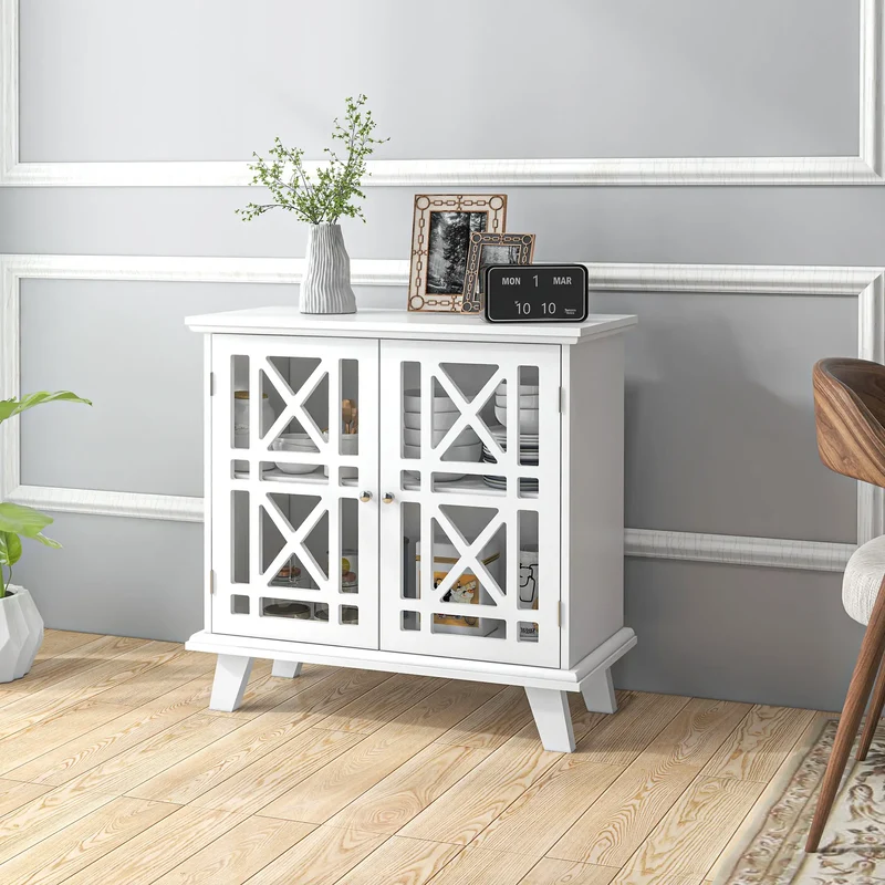 Modern Storage Cabinet with Fretwork Doors, Shelf, White