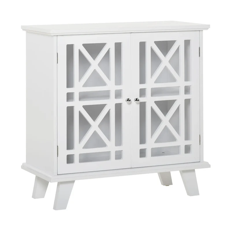 Modern Storage Cabinet with Fretwork Doors, Shelf, White