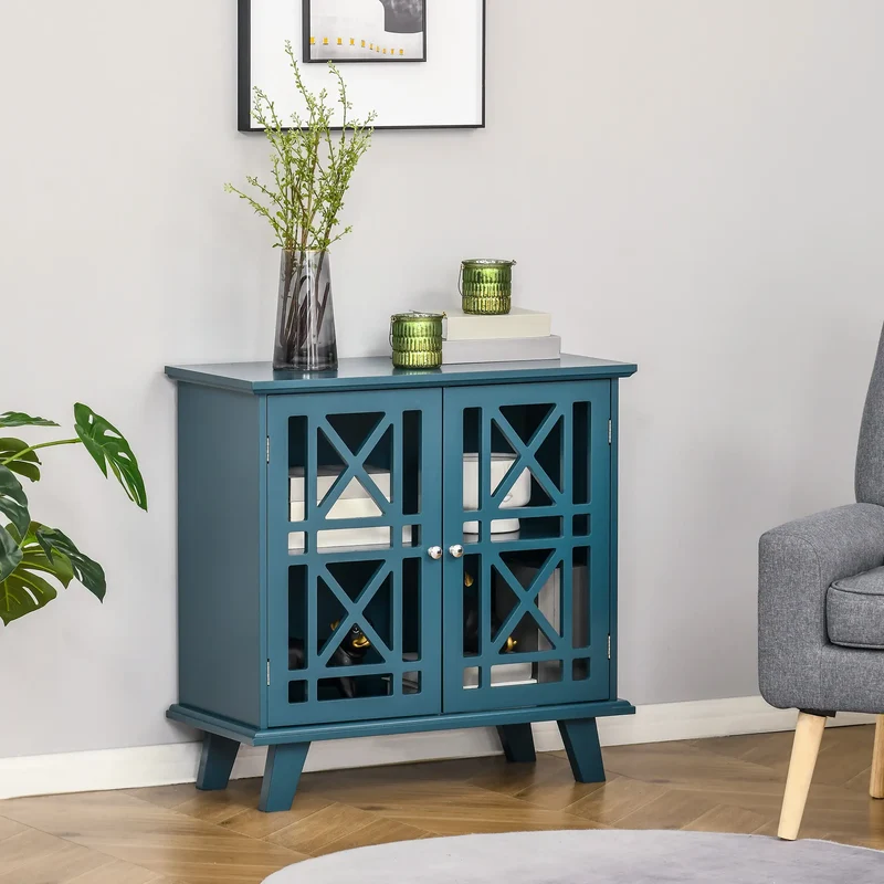 Modern Storage Cabinet with Fretwork Doors, Shelf, Blue