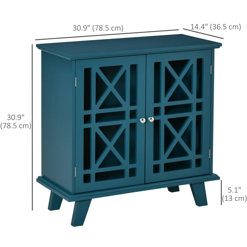 Modern Storage Cabinet with Fretwork Doors, Shelf, Blue