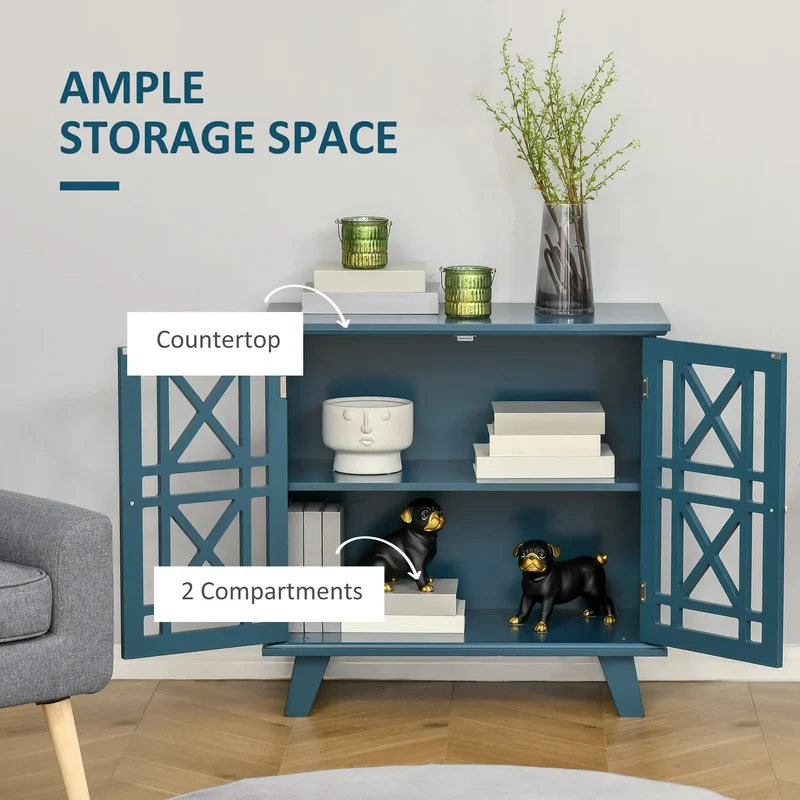 Modern Storage Cabinet with Fretwork Doors, Shelf, Blue