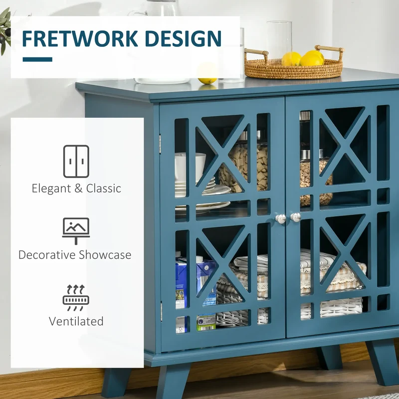 Modern Storage Cabinet with Fretwork Doors, Shelf, Blue
