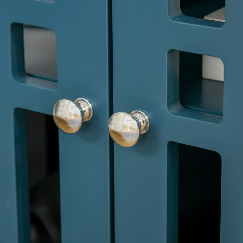 Modern Storage Cabinet with Fretwork Doors, Shelf, Blue