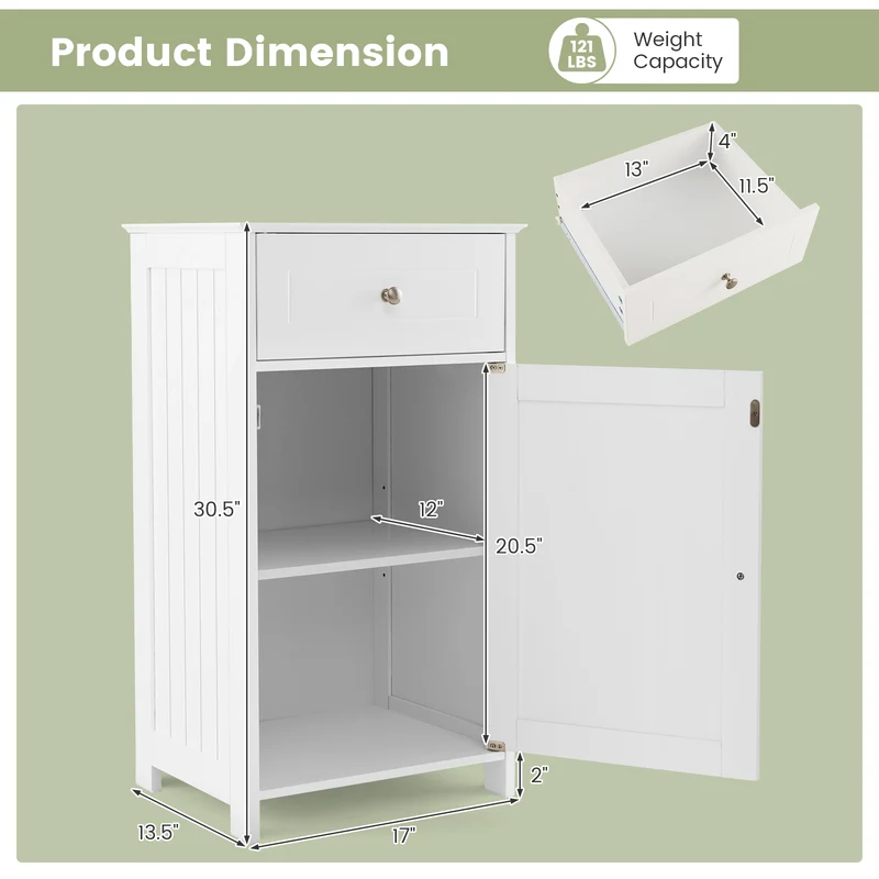 Single Door Bathroom Cabinet with Adjustable Shelf and Drawer, White