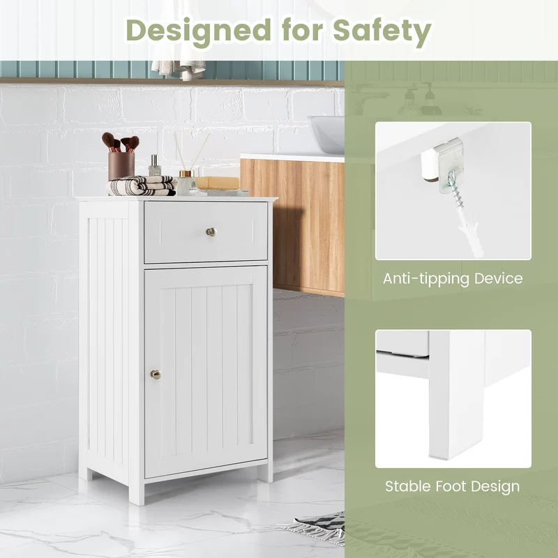 Single Door Bathroom Cabinet with Adjustable Shelf and Drawer, White
