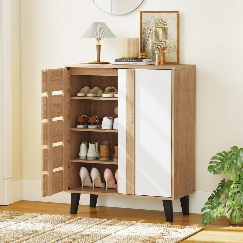4-Tier Farmhouse Shoe Organizer with Louvered Door-Natural and White, Natural & White