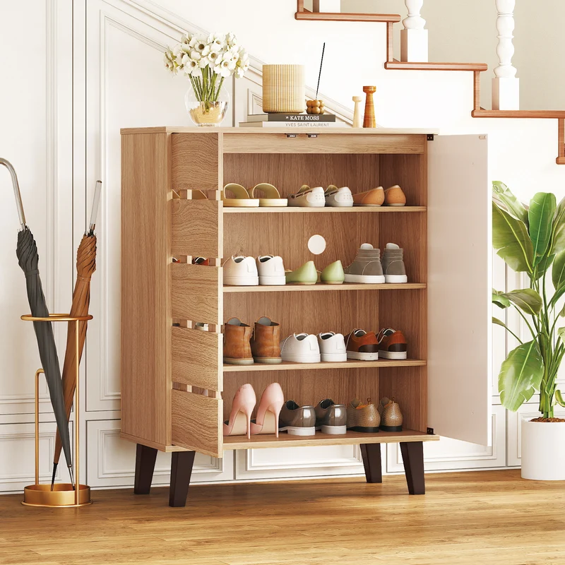 4-Tier Farmhouse Shoe Organizer with Louvered Door-Natural and White, Natural & White