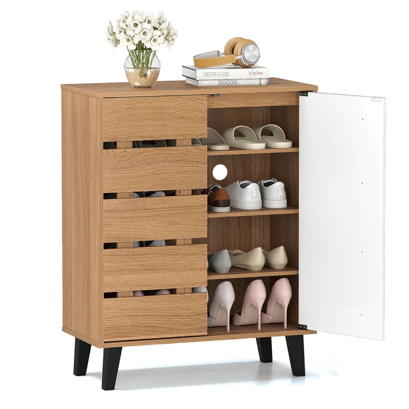 4-Tier Farmhouse Shoe Organizer with Louvered Door-Natural and White, Natural & White