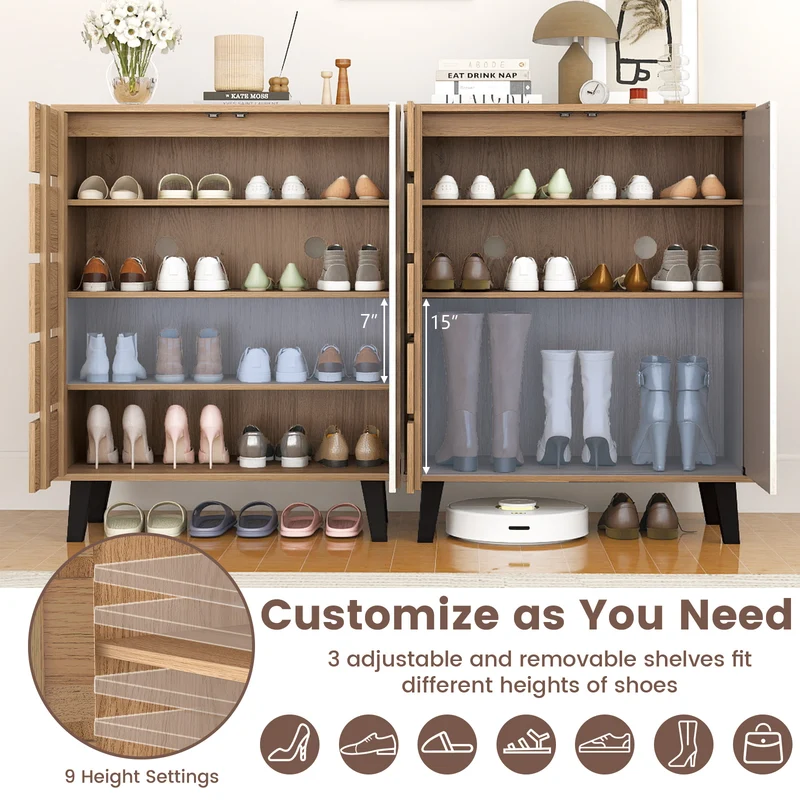 4-Tier Farmhouse Shoe Organizer with Louvered Door-Natural and White, Natural & White