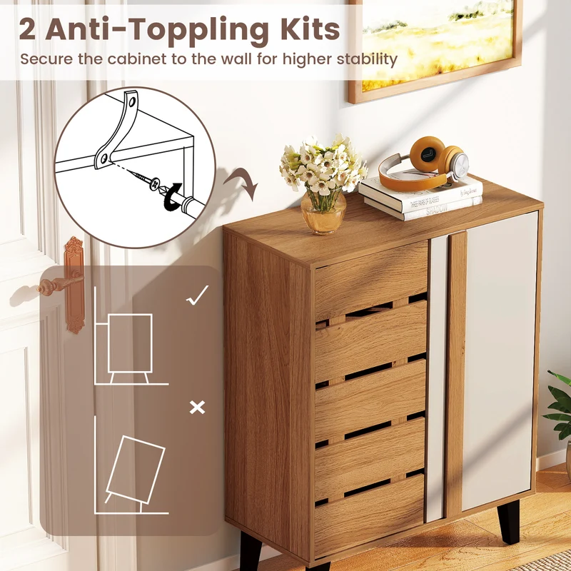 4-Tier Farmhouse Shoe Organizer with Louvered Door-Natural and White, Natural & White