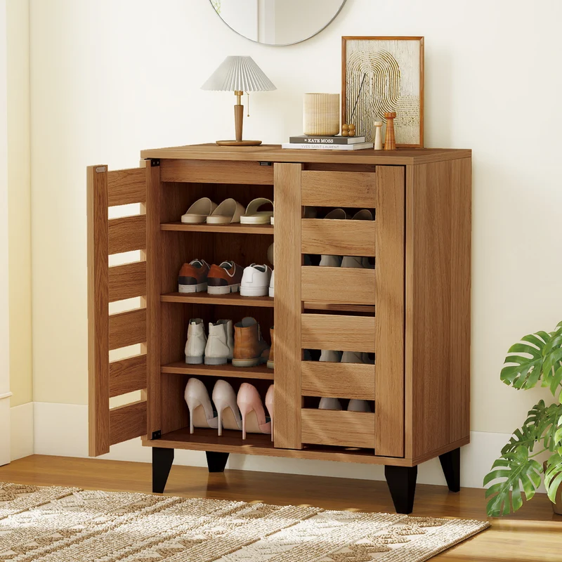 4-Tier Farmhouse Shoe Organizer with Louvered Door, Natural