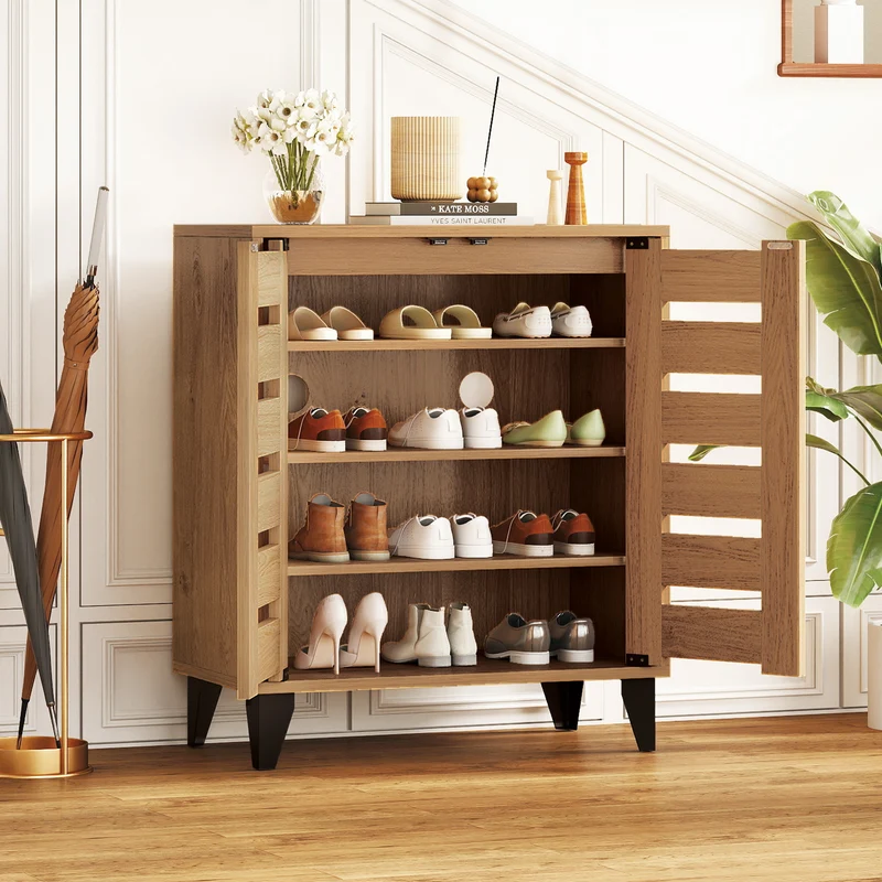 4-Tier Farmhouse Shoe Organizer with Louvered Door, Natural