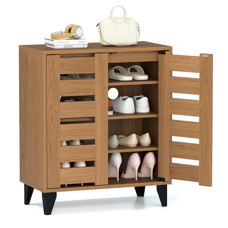4-Tier Farmhouse Shoe Organizer with Louvered Door, Natural
