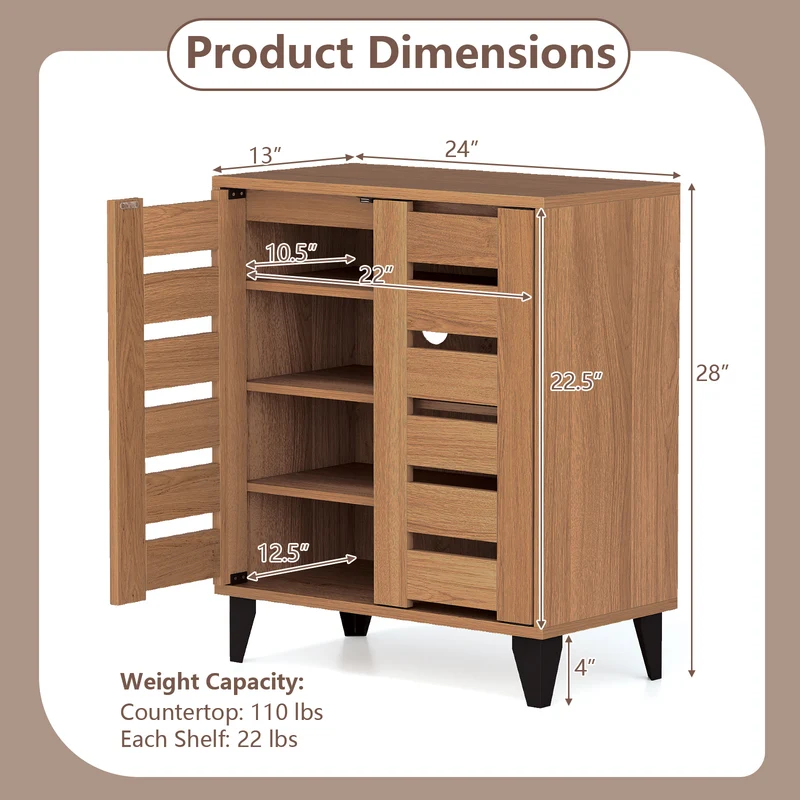 4-Tier Farmhouse Shoe Organizer with Louvered Door, Natural