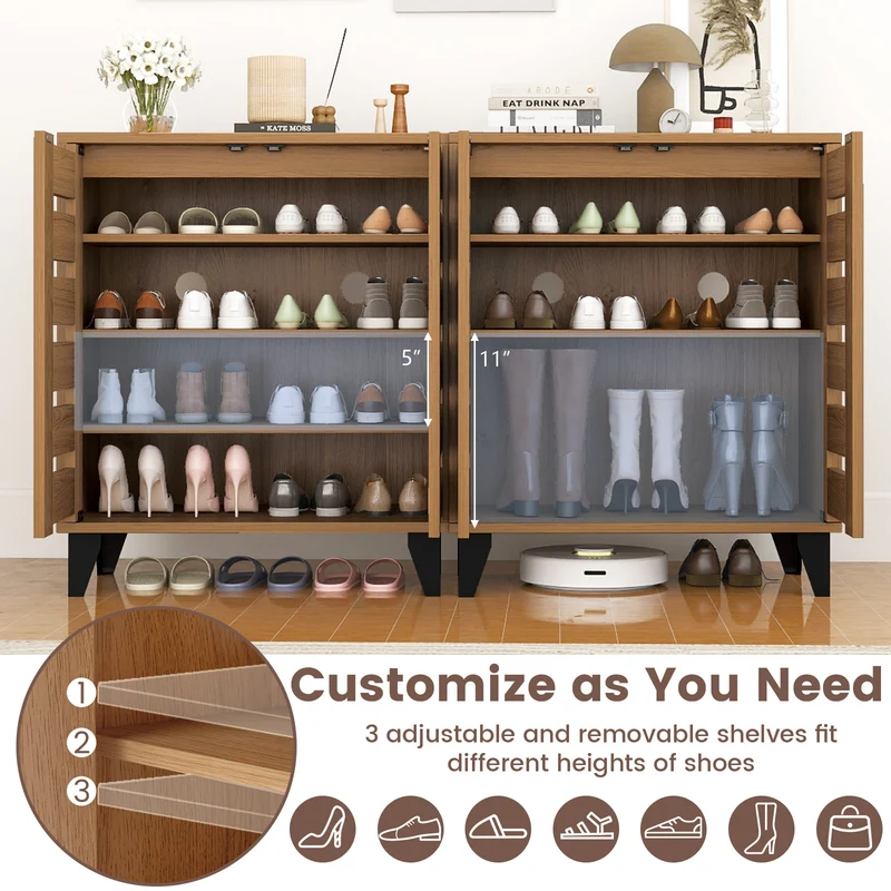 4-Tier Farmhouse Shoe Organizer with Louvered Door, Natural