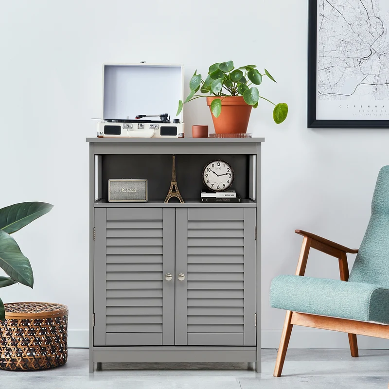 Wood Freestanding Bathroom Storage Cabinet with Double Shutter Door, Gray