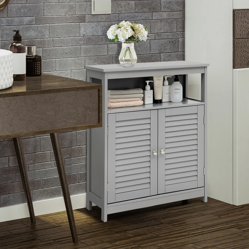 Wood Freestanding Bathroom Storage Cabinet with Double Shutter Door, Gray