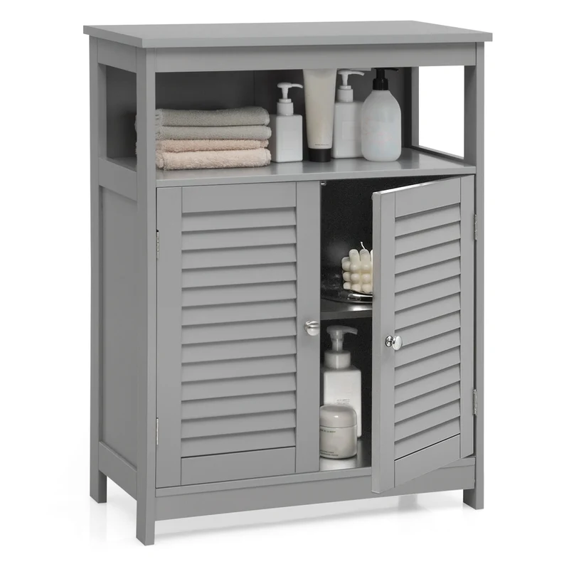 Wood Freestanding Bathroom Storage Cabinet with Double Shutter Door, Gray