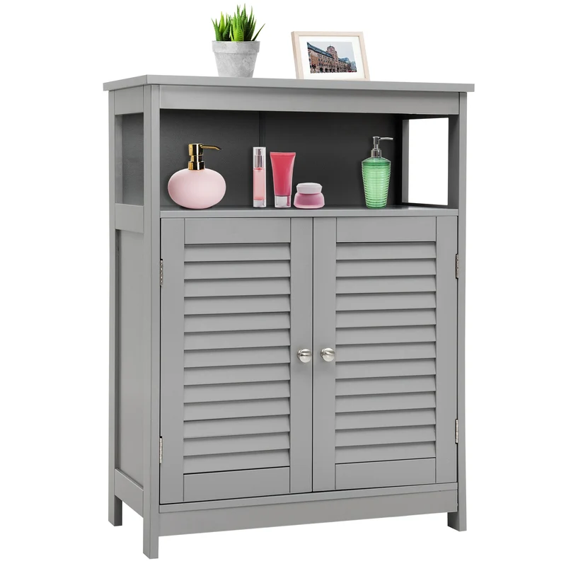 Wood Freestanding Bathroom Storage Cabinet with Double Shutter Door, Gray
