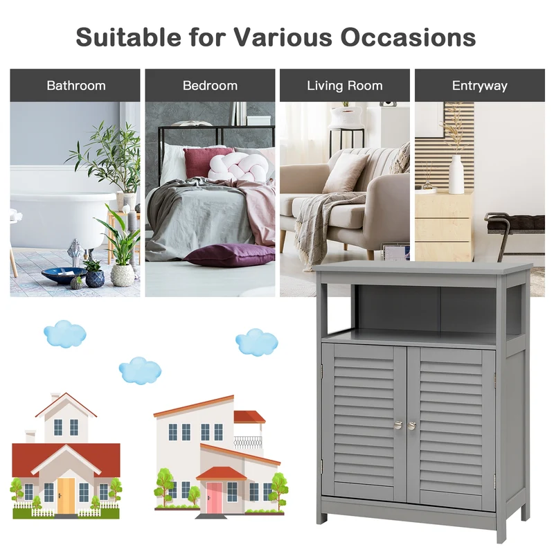 Wood Freestanding Bathroom Storage Cabinet with Double Shutter Door, Gray
