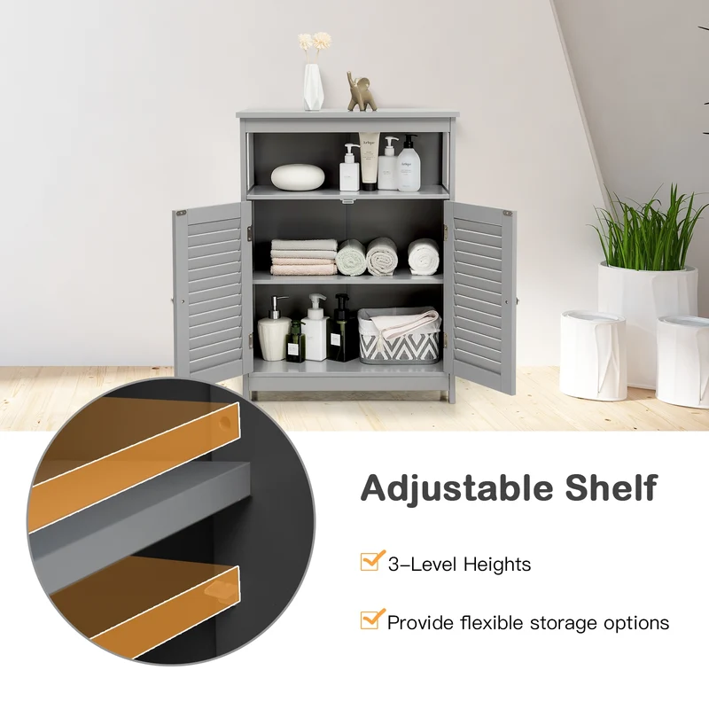 Wood Freestanding Bathroom Storage Cabinet with Double Shutter Door, Gray