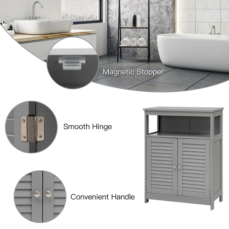 Wood Freestanding Bathroom Storage Cabinet with Double Shutter Door, Gray