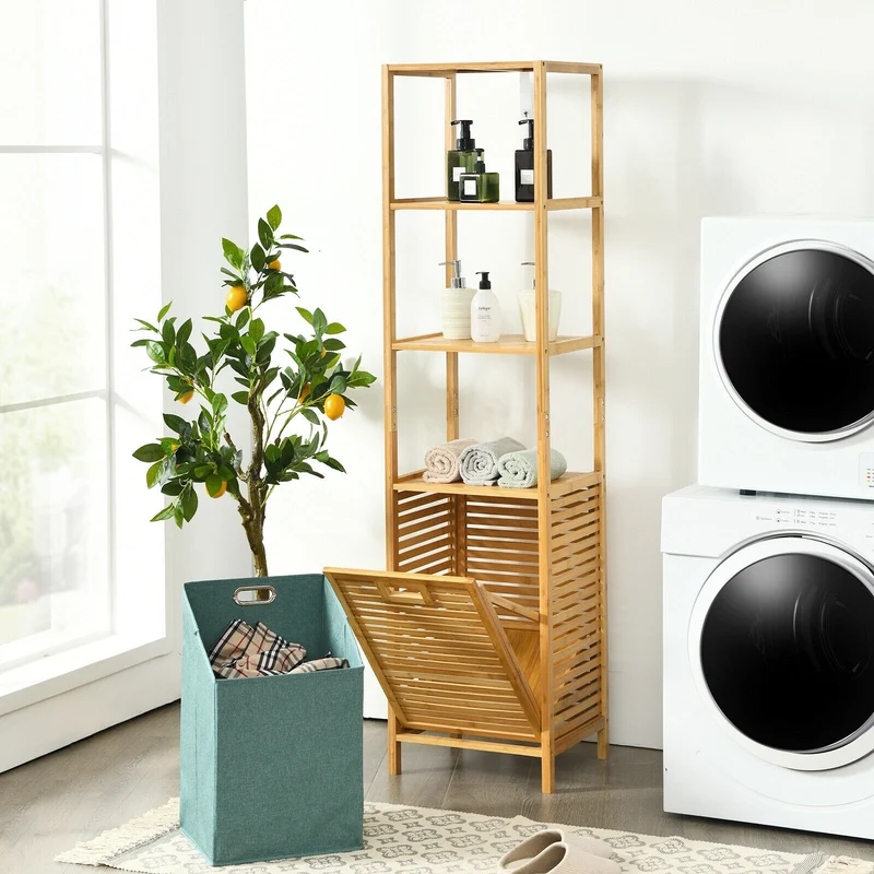 Bamboo Tower Hamper Organizer with 3-Tier Storage Shelves, Natural